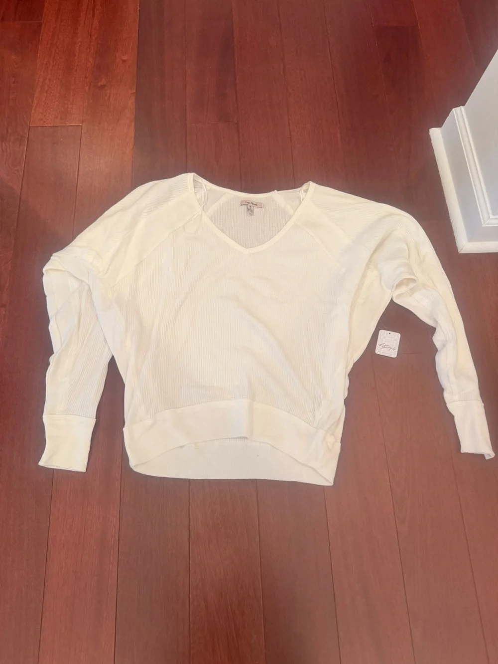 Free People Cream V-Neck Waffle Knit Pullover